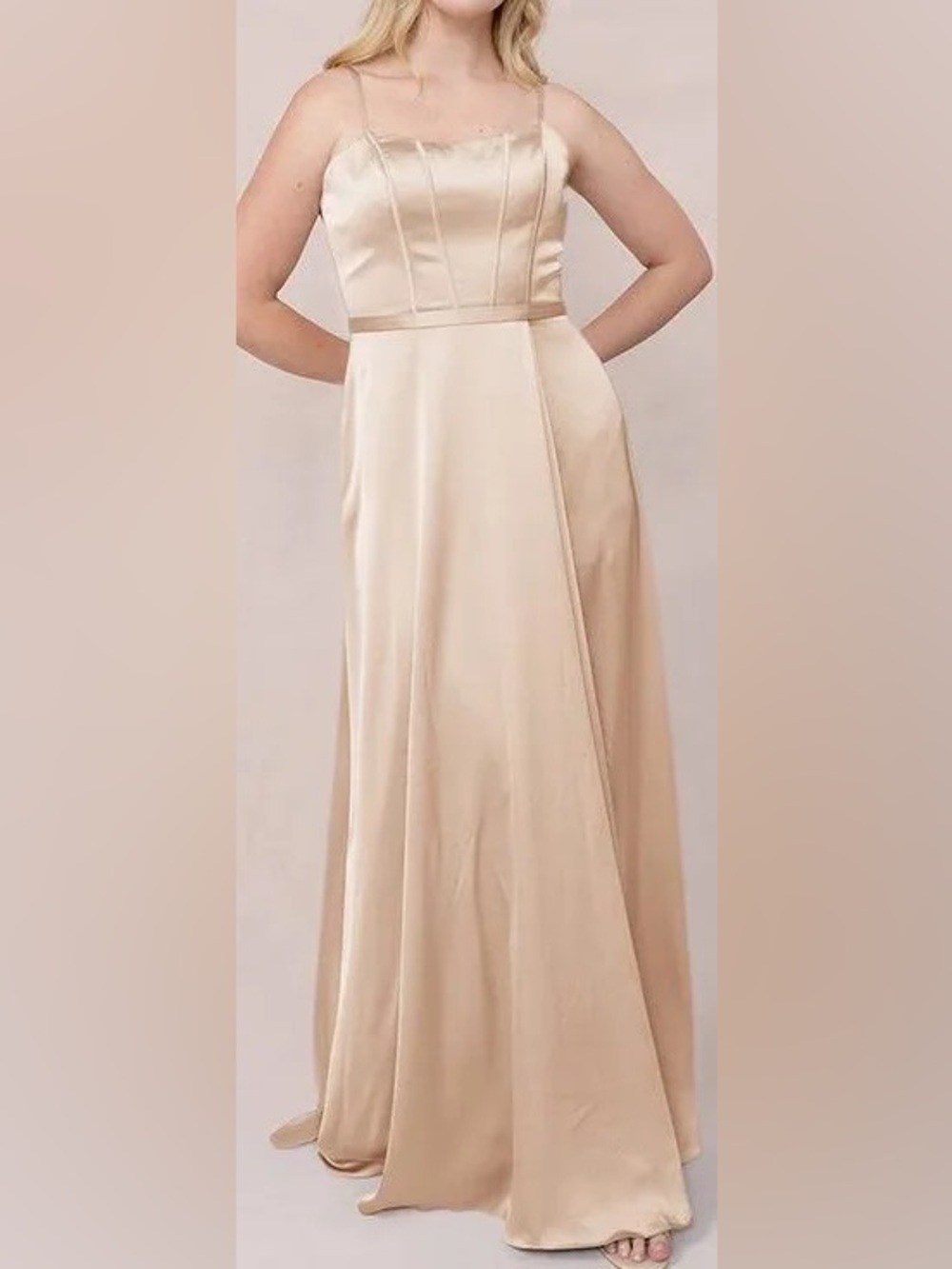 Revelry Nova Satin Dress Sleeveless Bridesmaid Long Maxi Gown Champagne Beige 10